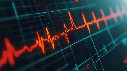 Fototapeta premium A digital representation of a heart rate monitor displaying an electrocardiogram (ECG) with vibrant red lines against a dark background.