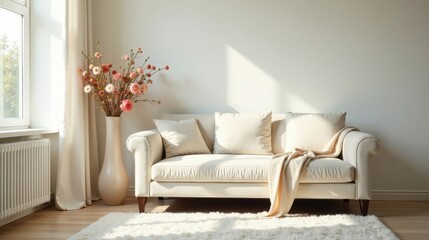 Cream-colored sofa with plush cushions, a soft throw blanket, and a tall vase of delicate peach-colored flowers sits in a sunlit room near a window and a radiator.
