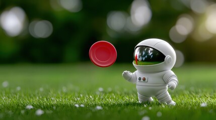 A small astronaut toy plays with a red disc on green grass, capturing a playful moment.