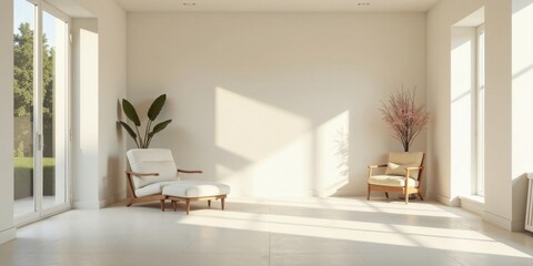Fototapeta premium Bright sunlit minimalist living room interior design showcasing modern wooden lounge chairs and potted plants