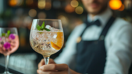 Refreshing cocktail and skilled bartender showcase in an elegant bar setting during a lively evening