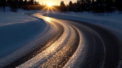 Winding road through snowy landscape at sunset.  Sunlight reflecting on the ice-covered road