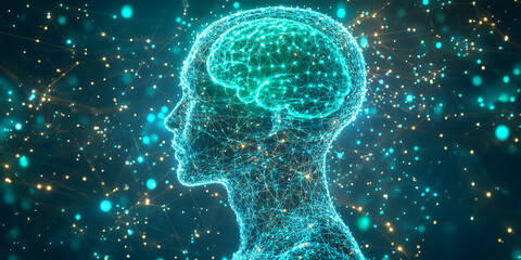 Abstract profile of head with glowing brain, network connections, and particles, symbolizing artificial intelligence, neural network, or digital mind
