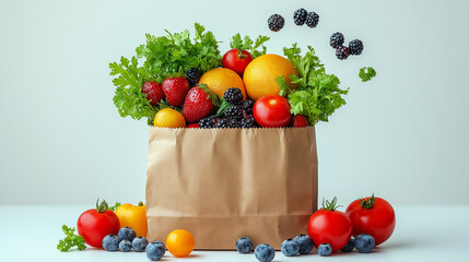 Vibrant collection of fresh fruits and vegetables spilling from a brown paper bag on a light background, showcasing nature's bountiful harvest and promoting healthy living