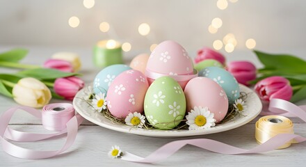 Fototapeta premium Easter Eggs Decorated with Flowers and Ribbons on Plate with Tulips