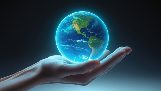 A gentle hand cradles our vibrant Earth, a glowing symbol of hope and global unity against a dark blue backdrop.