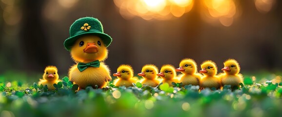 Fototapeta premium Adorable Duck Family Celebrating St. Patrick's Day 