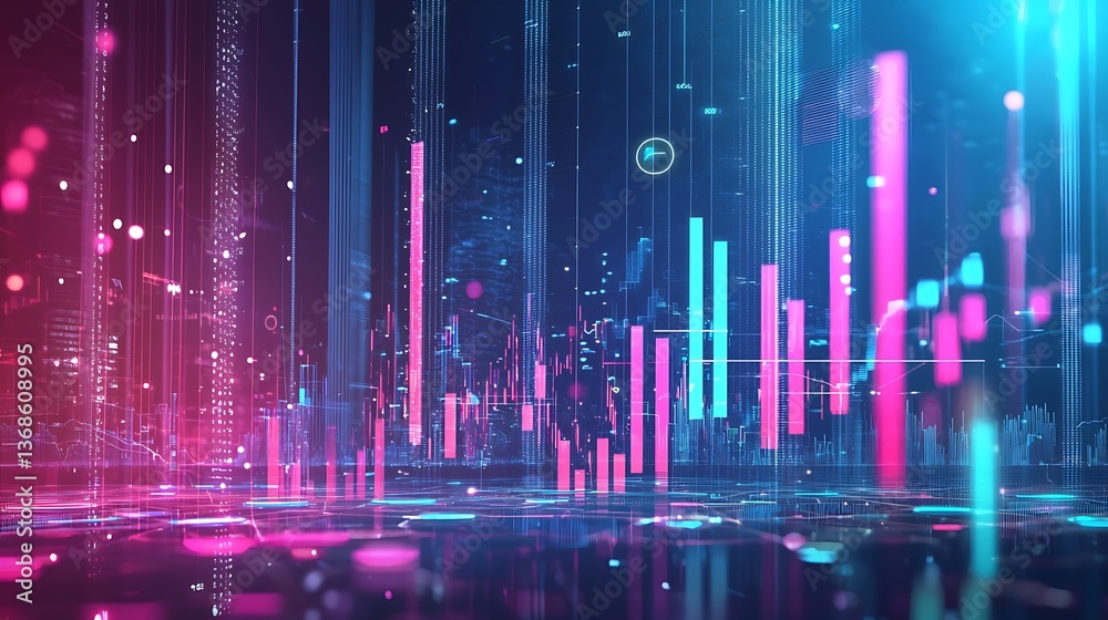 Poster futuristic cityscape with data visualizations. a vibrant, digitally rendered city scene overlaid wit