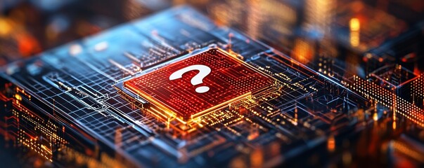 A close-up of a digital circuit board featuring a glowing question mark symbol, representing inquiries or mysteries in technology.