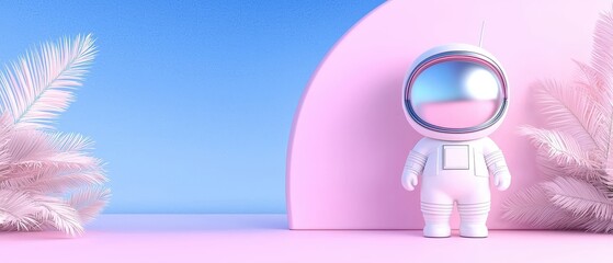 A whimsical astronaut figure stands against a colorful background with tropical plants.