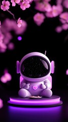 A whimsical astronaut figurine surrounded by vibrant pink cherry blossoms.