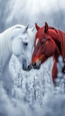 White and red horses gently touching noses in a snowy meadow during winter afternoon