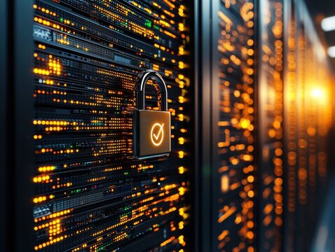 The image features a secure server environment, highlighted by glowing data patterns and a padlock symbolizing cybersecurity.