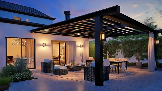 Modern Outdoor Patio with Pergola, Cozy Seating Area, Warm Lighting, Elegant Design, and Lush Greenery at Dusk

