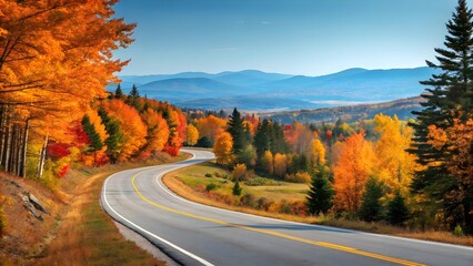 A scenic autumn drive through vibrant foliage-filled mountains on a winding road bathed in golden sunlight.