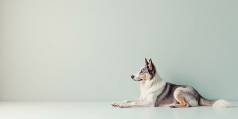 A curious canine companion rests gracefully against a serene pastel backdrop, its gaze directed towards an unseen horizon
