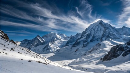 Majestic snow-capped Alps reaching for a vibrant blue sky, a breathtaking winter landscape of serene beauty and untouched wilderness under a dramatic sky.