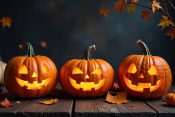 Illuminated Autumn Jack-o'-lanterns Glowing on Rustic Wooden Surface with Fallen Leaves