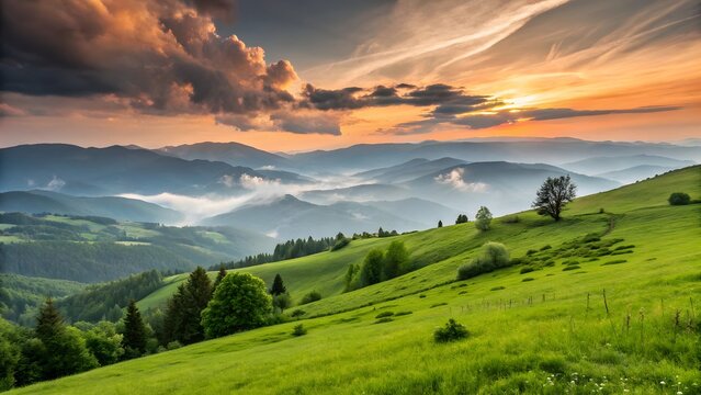 Serene sunset paints rolling green hills and misty valleys with warm golden light, creating a breathtaking landscape.
