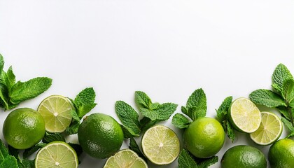 Green lime and mint mockup, summer theme border, with free space for text. White plane background, fruit and leaves in the bottom of the frame.