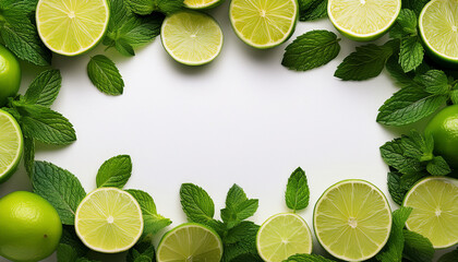 Green lime and mint mockup, summer theme border, with free space for text. White plane background, fruit and leaves around the frame.
