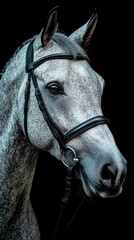 Beautiful gray horse with a bridle against a dark background showcasing its majestic features and silent strength
