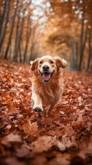Joyful golden retriever in leaves