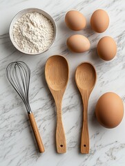 Baking Ingredients Flat Lay with Eggs, Flour, Wooden Spoons, Whisk