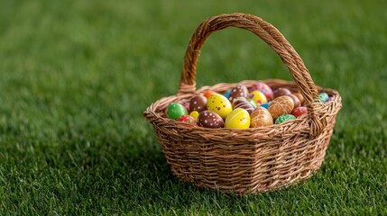 Wicker Basket Filled with Decorated Easter Eggs on Green Grass Lawn, Springtime