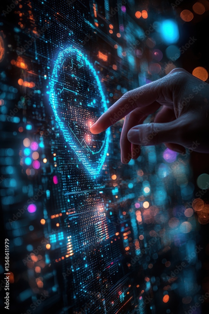 Poster woman interacting with virtual data display of artificial intelligence graphs