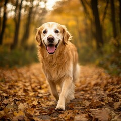 Golden retriever in autumn leaves