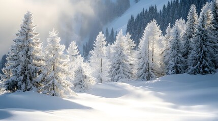 Picturesque Snow-Covered Fir Trees on Abondan Mountainside - Nature Scenery