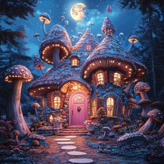 Fototapeta premium Whimsical Fantasy House Surrounded by Mushrooms Under a Night Sky