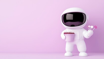 An astronaut figure holding a bucket of treats, standing against a pastel pink background.