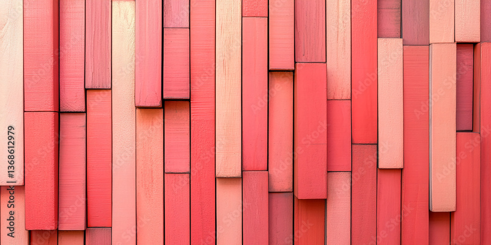 Poster abstract texture of coral and pink painted wood planks, arranged in a varied, overlapping pattern, s
