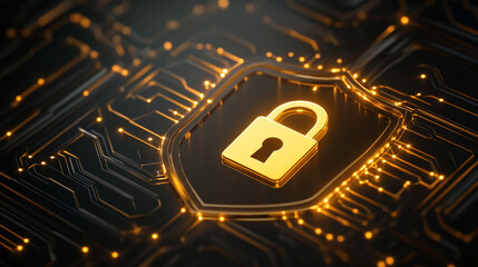 Golden padlock inside a shield on a dark circuit board, glowing lines represent data flow, symbolizing digital security and data protection