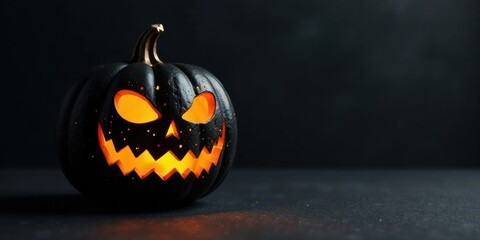 Glowing Jack-o'-lantern with menacing grin, ominous autumnal decoration, dark background, spooky Halloween symbol