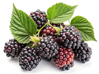 Fototapeta premium A cluster of ripe blackberries with lush green leaves