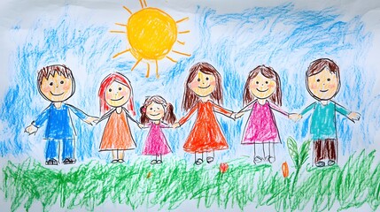 Child's drawing of a happy family in a meadow