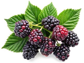 Fototapeta premium A Cluster of Ripe Blackberries with Lush Green Leaves on a White Background