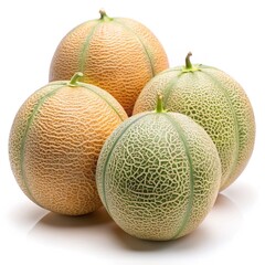 A group of four delicious ripe cantaloupes ready to eat showing different stages of ripeness