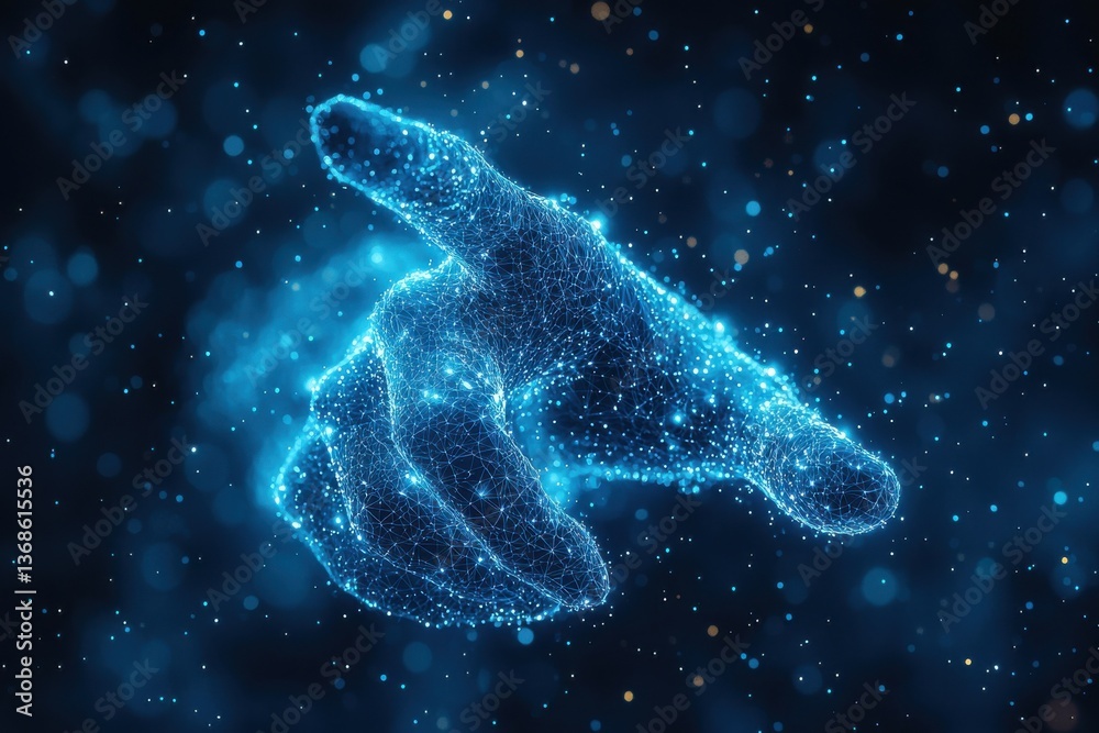 Wall mural abstract digital representation of a pointing hand in vibrant blue particle effect