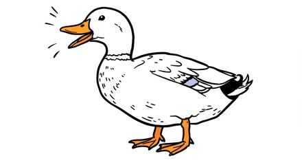 Cartoon duck quacking joyfully against a white background  