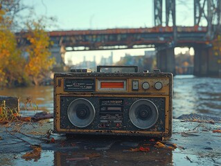 Rusty boombox sits by autumn river, bridge background