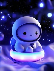 Cute astronaut character floats in a glowing, colorful atmosphere, radiating joy.
