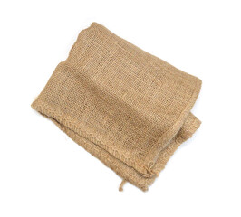Hessian sack with ties forming over white background. 