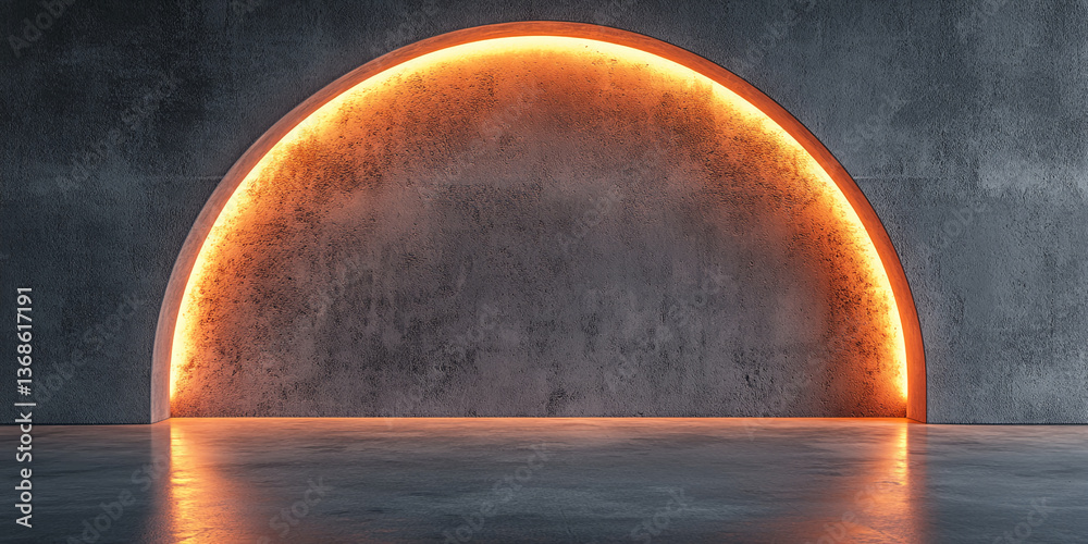 Poster concrete wall with arched, illuminated recess, showcasing empty space ideal for product placement or