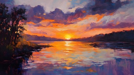 Naklejka premium Professional Riverscape Oil Painting at Sunset for Interior Design and Decor