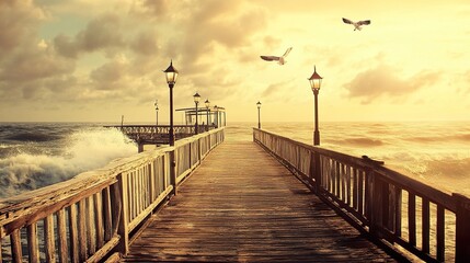 Golden tranquility at coastal pier with crashing waves and soaring seagulls