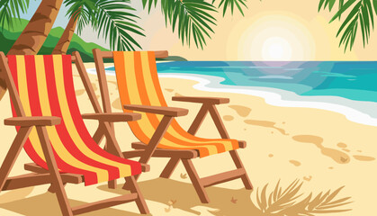 Beach vacation with lounge chairs at sunset by the ocean  